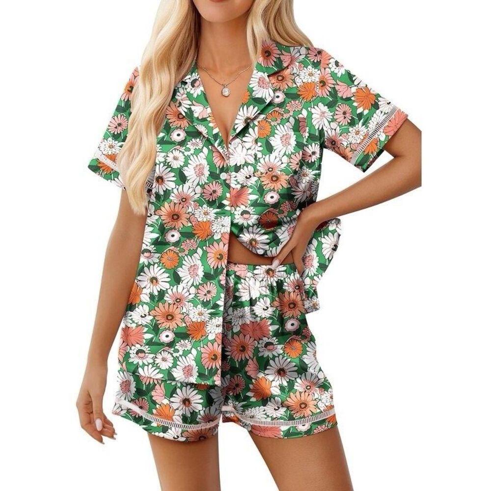 Ekouaer Womens S Satin Floral Pajama Sets Button Up Short Sleeve Chest Pocket